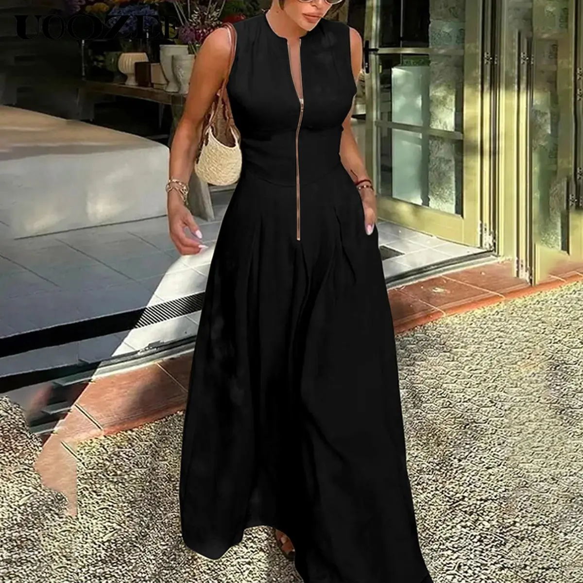 UOOZEE Women's Round Neck A-Line Maxi Dress, Sleeveless Minimalist Pleated Gown for Casual Party Wear with Pockets & Zipper Slit, Casual Chic, Elegant, Solid Colors, Dacron Blend, High Bust, Slit Zipper, Casual Wear, Going Out