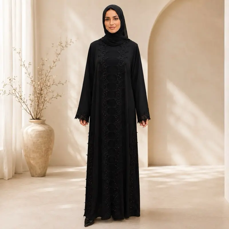 Noir Elegance Lace Abaya Set