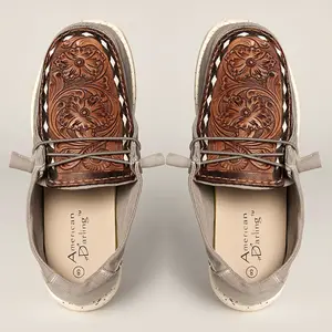 American Darling Hand tooled, carved genuine leather trim lightweight shoe footwear, slip on| Tooled Footwear