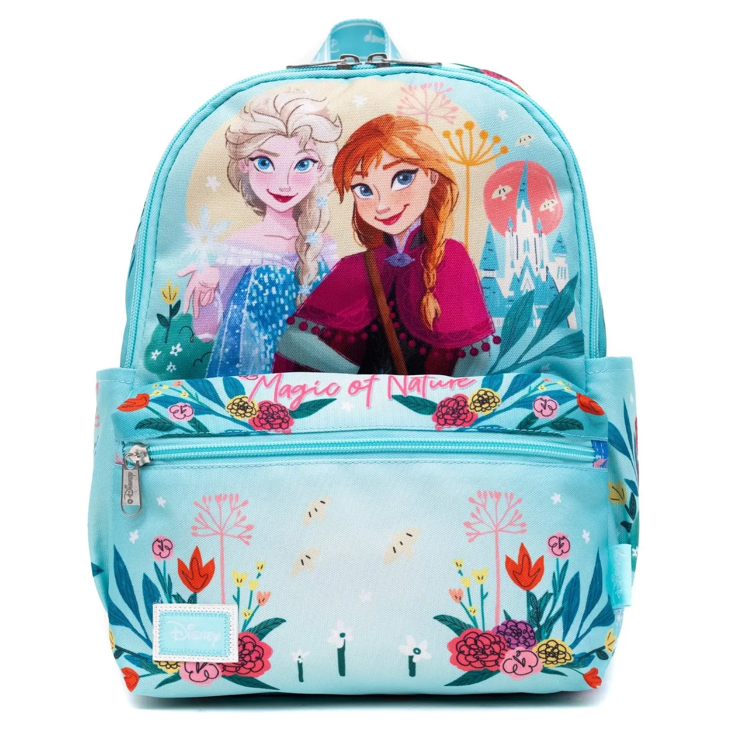 Disney Frozen Anna & Elsa Cute Backpack, Floral Nylon Mini Daypack for Women with Multiple Pockets and Satin Lining