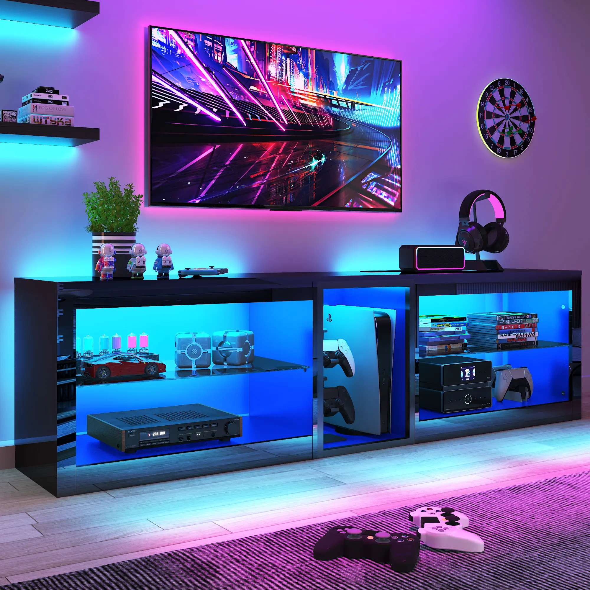 63 inch LED TV Stands W/Power Outlet,Black Entertainment Center W/70000-Colors Lights,High Gloss LED TV Console w/Adjustable Glass Shelves for Living Room Gameroom