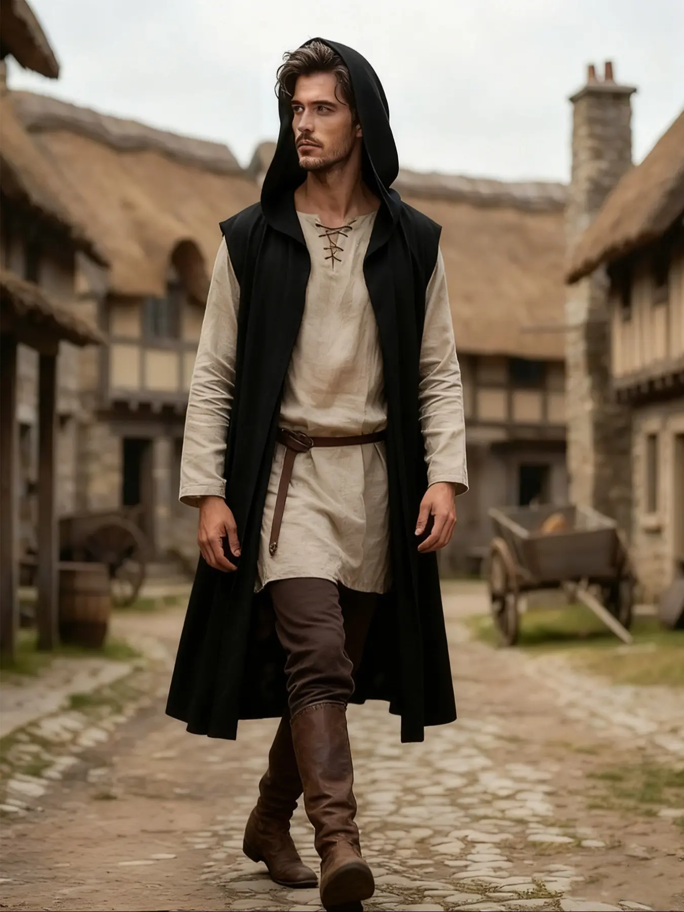 Men's Dark Hooded Vest Casual – Medieval Cloak for Fantasy Cosplay, Halloween & Renaissance Festivals