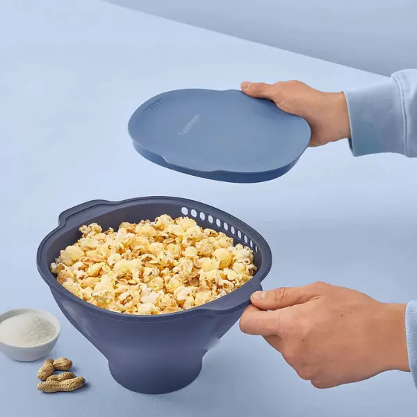 Tupperware Microwave Popcorn Set with Borosilicate Glass Popping Tray Platinum Silicone Bowl Vent Shake Lid & Kernel Colander Flexible Convenient Design