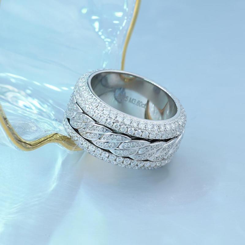 Delzzad Unisex Rotatable Layered Iced Ring Cuban Ring VVS Synthetic Moissanite S925 Band Perfect for Any Occasion & Everyday Wear Lover Birthday Anniversary Christmas Gifts
