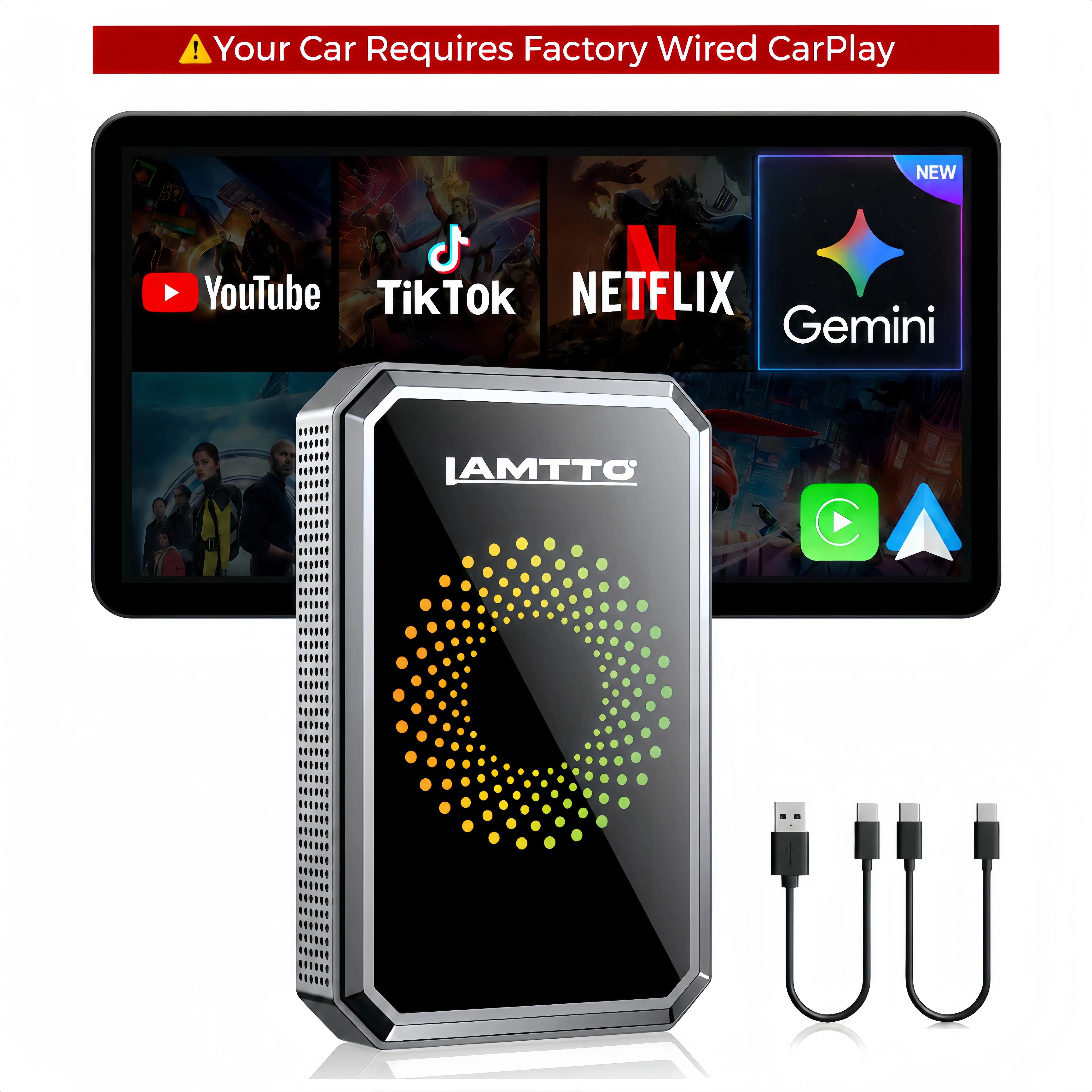 【CHECK COMPATIBILITY】LAMTTO 2026 Wired to Wireless CarPlay Adapter Support Netflix/YouTube/TikTok &Gemini AI via Hotspot- ONLY for Wired CarPlay/AA Vehicles - NOT for Tesla / BMW / Wireless CarPlay | No Mods Needed | Car accessories for Summer