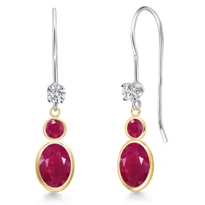 14K Two Tone Gold Red Ruby and Lab Grown Diamond Dangle Earrings for Women | 2.45 Cttw | Gemstone July Birthstone | Oval 7X5MM