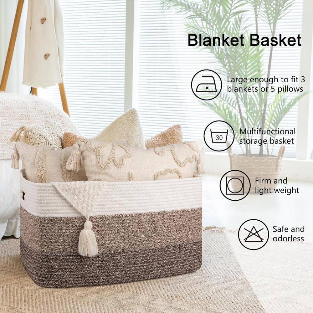 Extra Large Blanket Basket, Rectangle Woven Cotton Rope Storage Basket,Used for storing Dirty Clothes, Stuffed Animal Toy Storage for Living Room,Kids Room,Gradient Brown