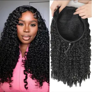 Burmese Curly Half Wig Synthetic Hair 3 In 1 Glueless Half Wigs 22 Inch with Drawstring long wavy Seamless Flip Over Half Wigs for Black Women No Glue No Lace Wig with Spiral Ends