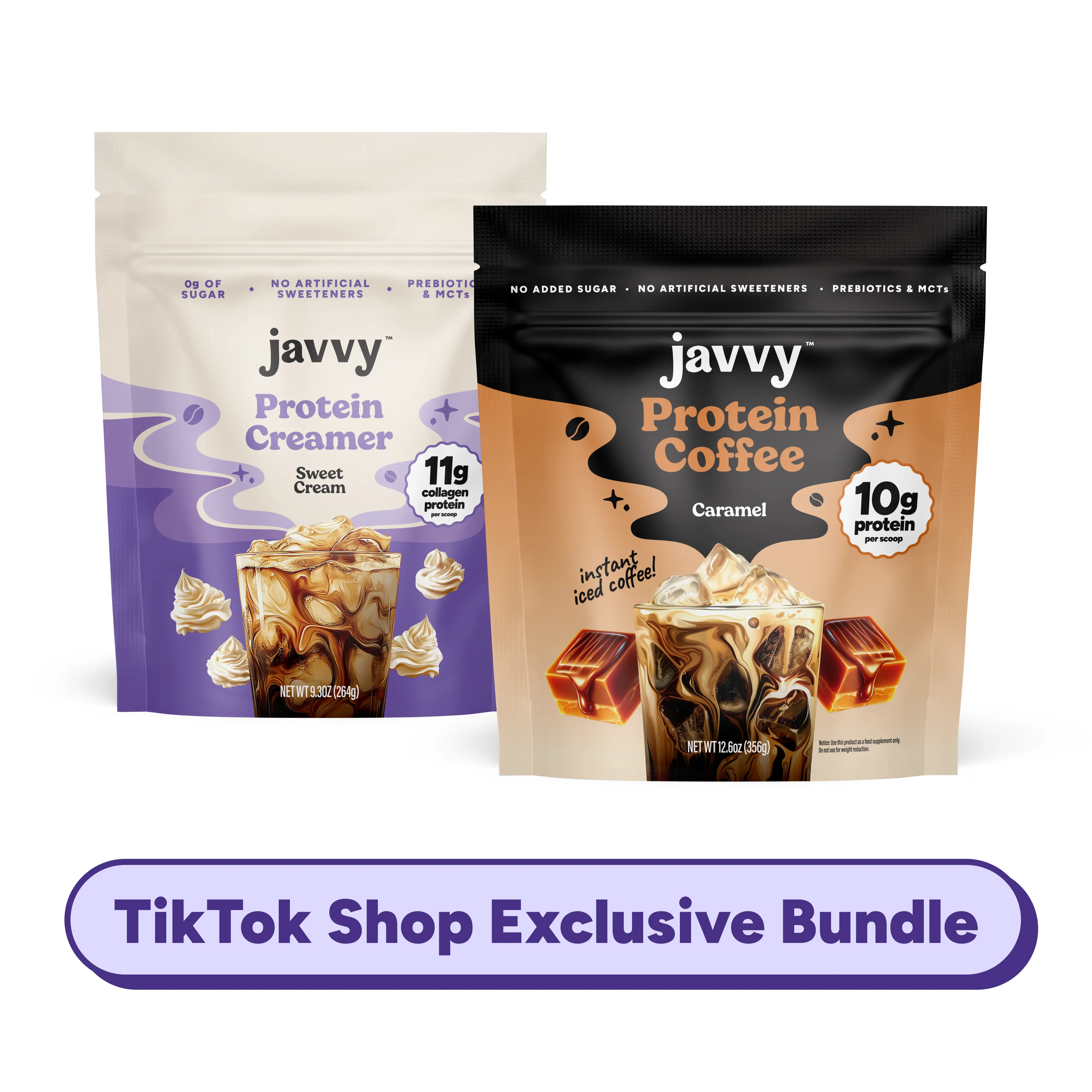 Javvy TikTok Exclusive Best Selling Duo Caramel Protein Coffee and Sweet Cream Protein Creamer Bundle Premium Whey Protein Instant Mix, 100% Natural, No Artificial Flavors & Sweeteners, No Added Sugar, 80 mg Caffeine Per Serving