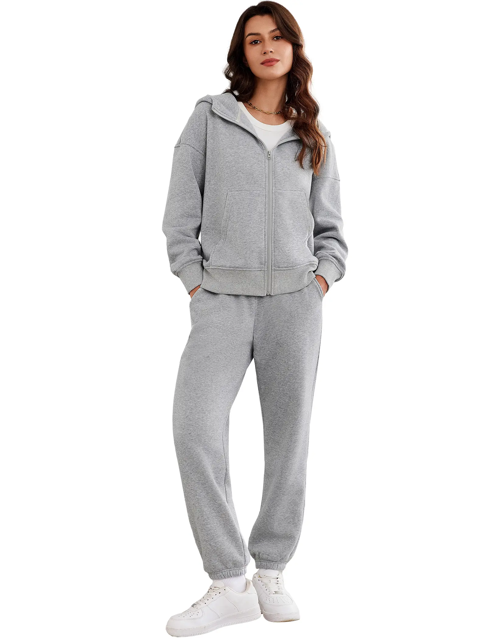 PINSPARK Women's 2-Piece Cozy Fleece Tracksuit Costume Women's Sportswear Set - Zip-Up Hoodie, Drawstring Jogger Pants with Pockets, Workout Outfit Inspo, Sport Ready 2024 Back to School Gym Sets