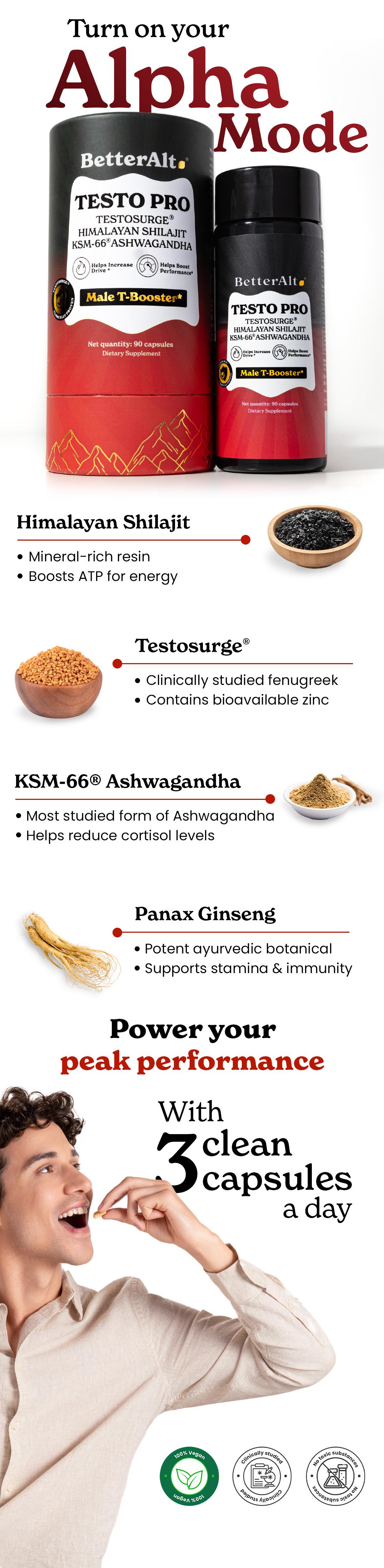 BetterAlt TSurge Alpha Capsules | USA Lab-tested Patent Formula | Shilajit, KSM66 Ashwagandha, Ginseng for Daily Vitality & Strength | 90 Capsules