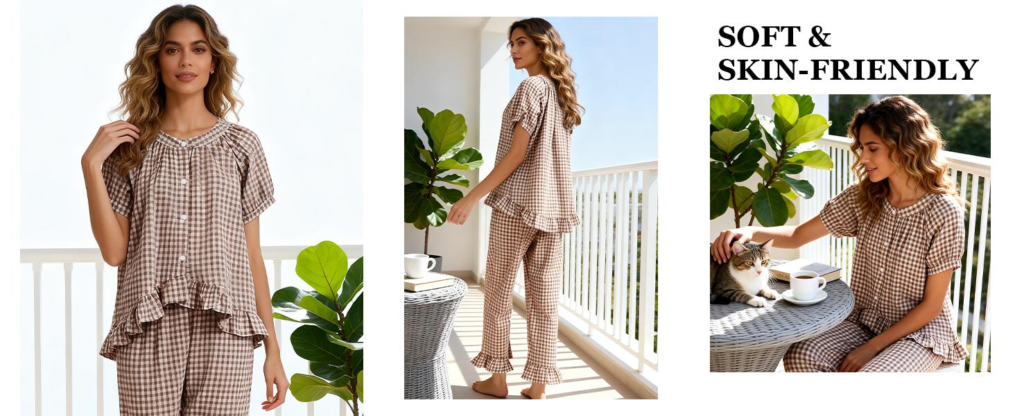 YeeZaa Gingham Pajamas Set 2 Piece for Women Plaid Sets Pjs Vintage Y2K 100% Cotton Clothes Button Down Babydoll Top with Puff Sleeves & Matching Ruffle Pants Cute Loungewear Loungewear Pjs Sleepwear Nightwear Homewear Comfort Outfit SpringStatements YeeZaa Gingham Pajamas Set 2 Piece for Women Plaid Sets Pjs Vintage Y2K 100% Cotton Clothes Button Down Babydoll Top with Puff Sleeves & Matching Ruffle Pants Cute Loungewear Loungewear Pjs Sleepwear Nightwear Homewear Comfort Outfit SpringStatements