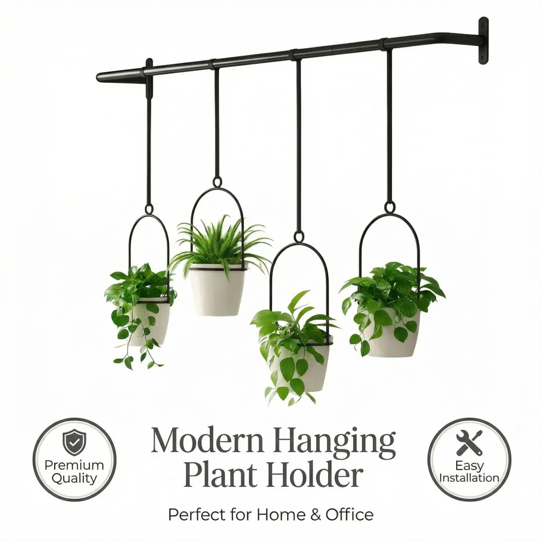 Contemporary Black Adjustable Hanging Flower Baskets Set of 4 - Space Saving Hangers Complete Kit with Nylon Adjustable Ropes (41.4-48 in), Metal Wall Mount Rods for Balcony Garden, Custom Plant Rows, Indoor Herbs Within Reach Decor