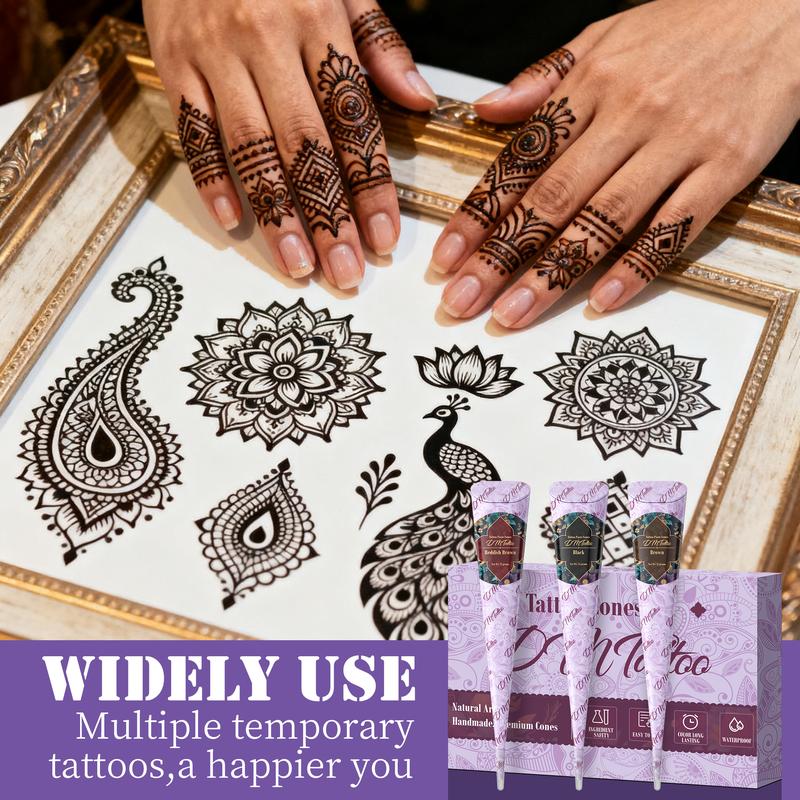 DIY Tattoo Stencil Kit 3 Tattoo Cones Set with Gloves Cotton Swab for Women Men Kids Party Gifts Long Lasting Body Art Designs