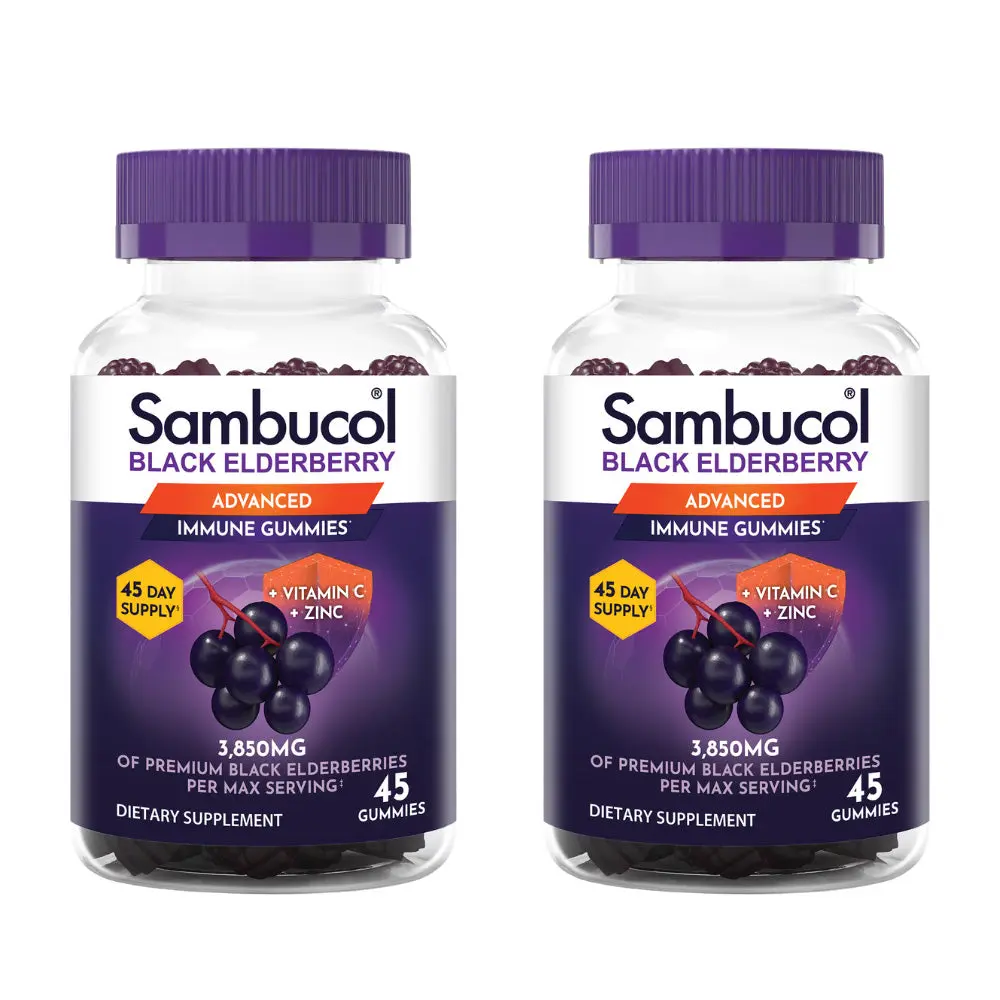 Sambucol Black Elderberry Advanced Immunity Gummies 45 ct (2x) Two Pack - Vitamin C, Zinc for immune support.  Vegan, Plant-Based, Non-GMO, Gluten-Free - The #1 Black Elderberry Brand