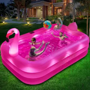 StarOcean Inflatable Pool with Lights, Solar Flamingo Swimming Pool for Kids,Adults Inflatable Blow up Pool, Large Kiddie Pool,Durable Thickened Kids Pool for Backyard,Outdoor,100"X63"X20"-Bright Pink
