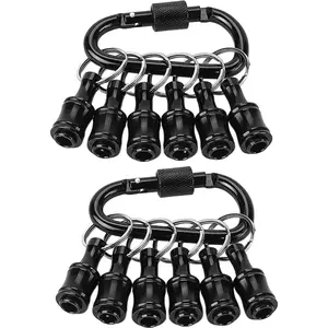 Upgrade 12Pcs Bit Holder with Black Carabiner, 1/4 Inch Hex Shank Aluminum Alloy Screwdriver Bits Holder, Quick-Change Extension Bar, Portable Keychain Drill Adapter, Cool Men Gift