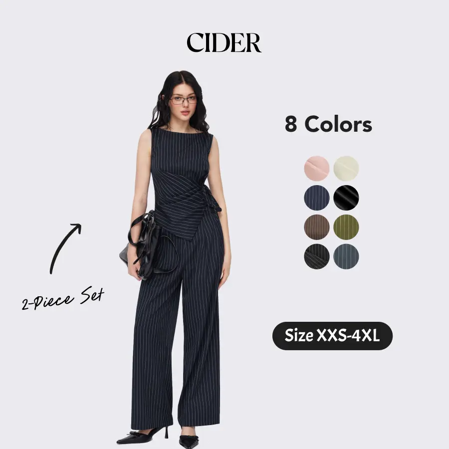 Cider 2-Piece Set Boat Neck Striped Wrap Knotted Top & Mid Rise Straight Leg Trousers Set– Office & Weekend Casual SohoChic
