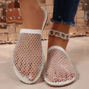 Sparkly Rhinestone Mesh Mule Sandals for Women Open-Toe Flat Sole Breathable for Parties Dates & Daily Casual Wear Springfresh
