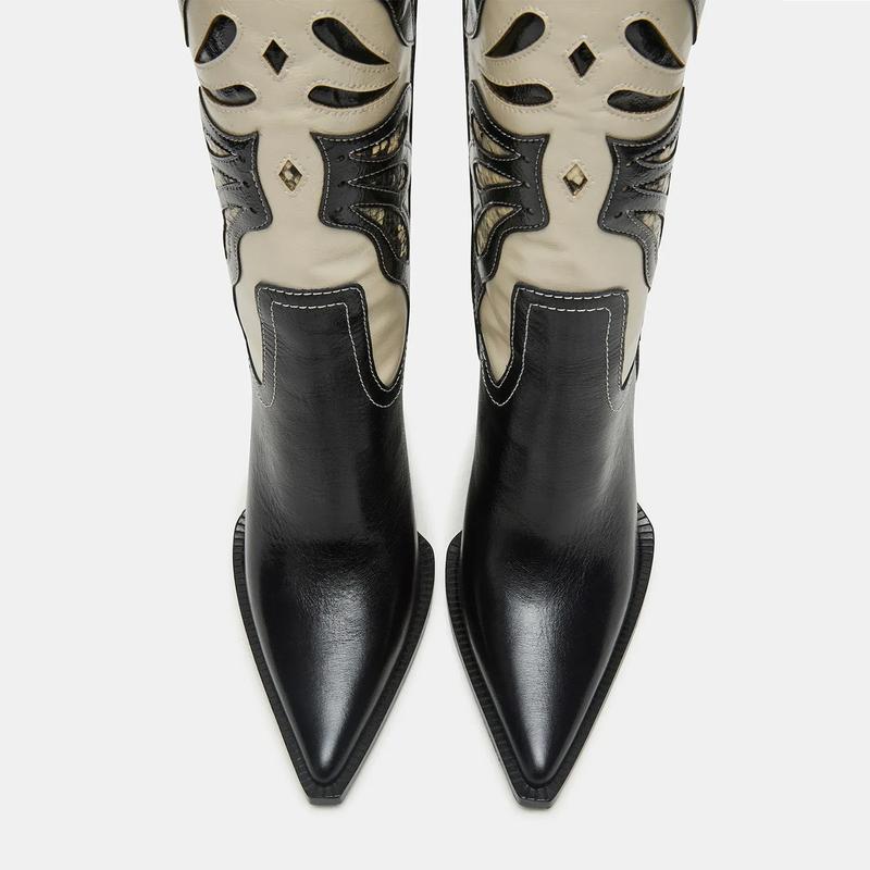 EROCALL Women's Butterfly Embroidery Womens Cowboy Boots Vintage Chunky Heel Wide Knee High Boots Pointed Toe Pull on Western Shoes