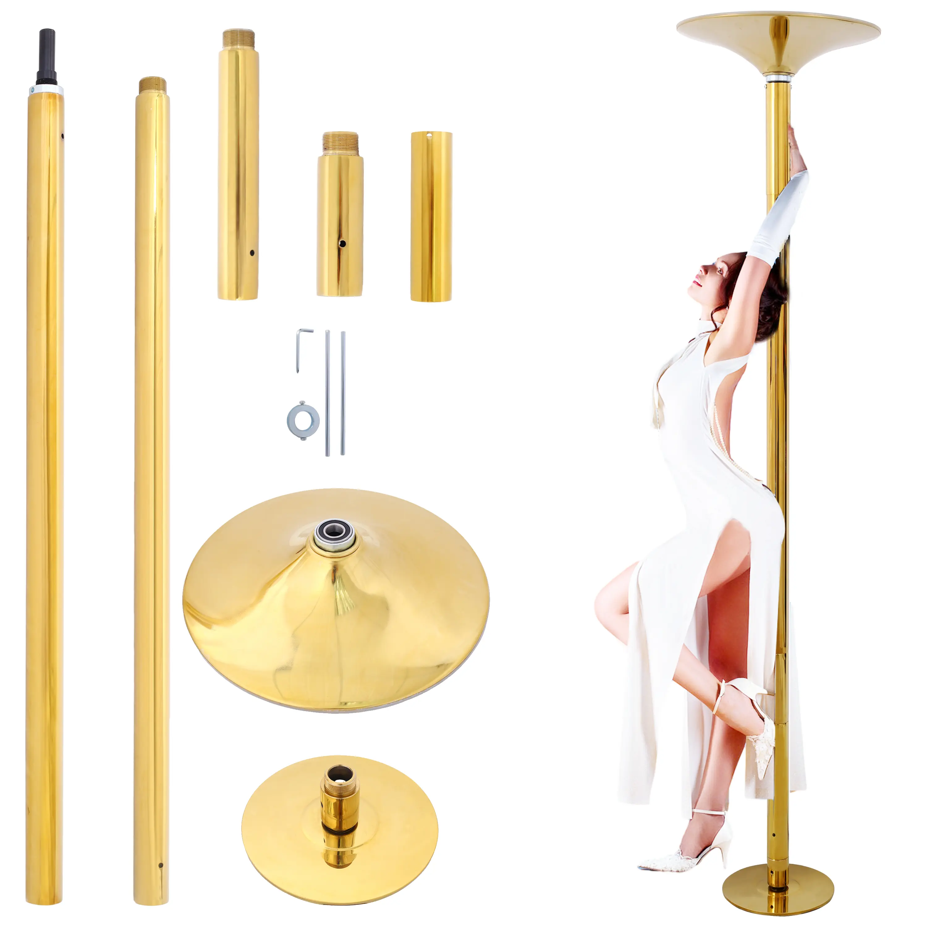 Professional grade rotating static dance pole, height adjustable from 86.2-109.8 inches, thick rubber with strong grip, suitable for fitness centers, bars, and clubs, with a weight capacity of 440 pounds and gold color