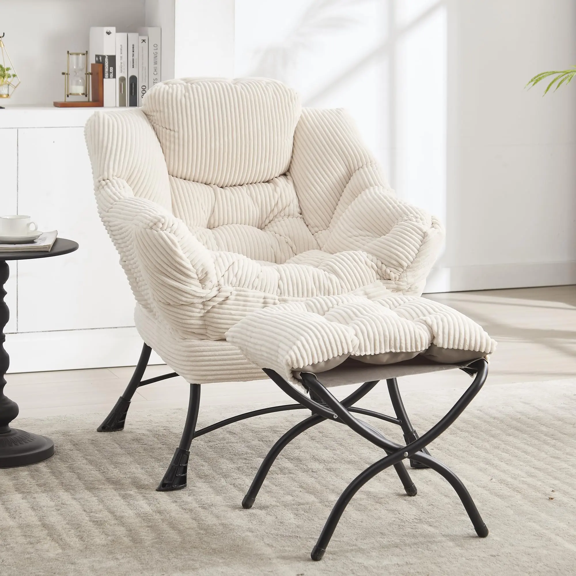 ELSEADY Lazy Chair with Ottoman, Corduroy Lounge Armchair, Ergonomic Reading Chair with Footrest for Living Room, Bedroom, Balcony, Study, Modern Accent Chair for Adults
