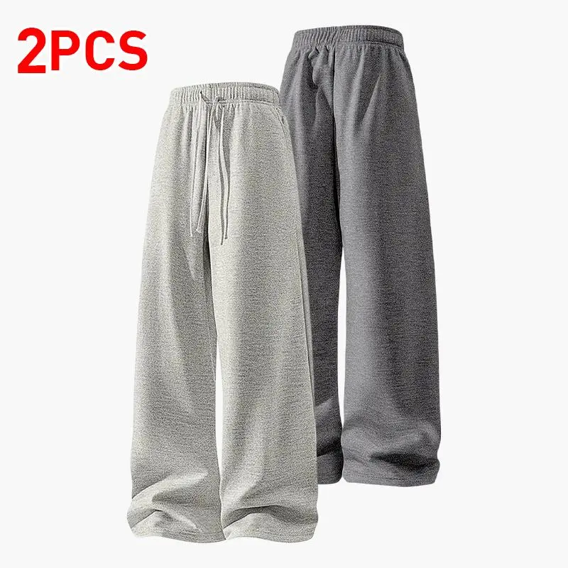 Men’s Wide-Leg Sweatpants, 2-Pack — Spring/Autumn Loose Straight-Leg Drawstring Casual Pants Menswear Beige