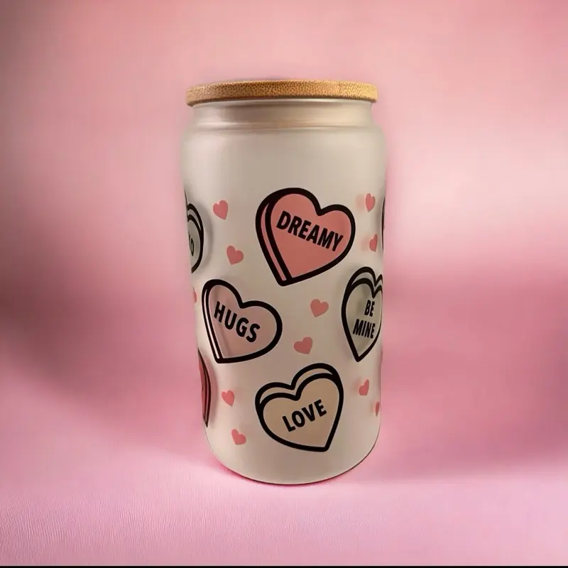 Conversation Hearts Frosted Glass: Valentine's Day Libby Glass (16 oz)