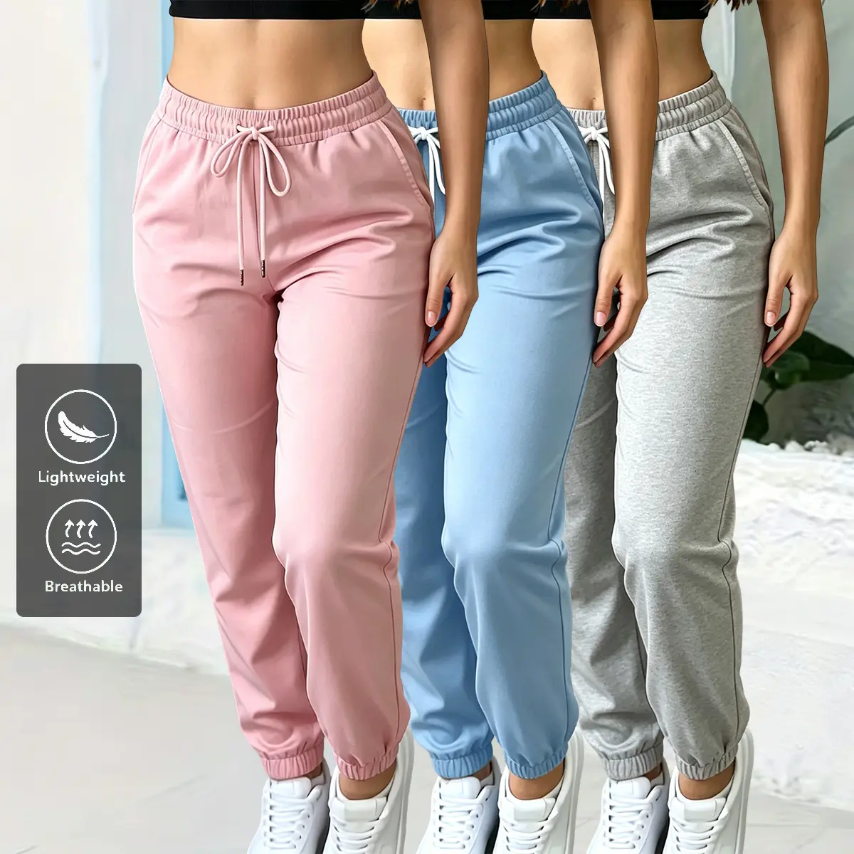 3-pack women’s casual jogger pants featuring an elastic waistband with drawstring and pockets; loose yet fitted, solid color; suitable for all seasons; comfortable clothing; loose pants with medium stretch; women’s jogging/sports/training pants; thin long