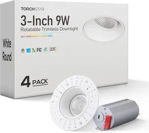 TORCHSTAR 5CCT Trimless 3 Inch 9W Gimbal LED Recessed Light, Ceiling Canless Dimmable LED Downlight, 2700K-5000K Selectable (4 Pack)