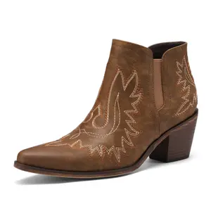【Valentine's Day Gift】Women's Western Ankle Boots Pointed Toe Embroidered Cowboy Booties with Chunky Heel Casual Brown Boots for Girls Walking Shoes Stylish