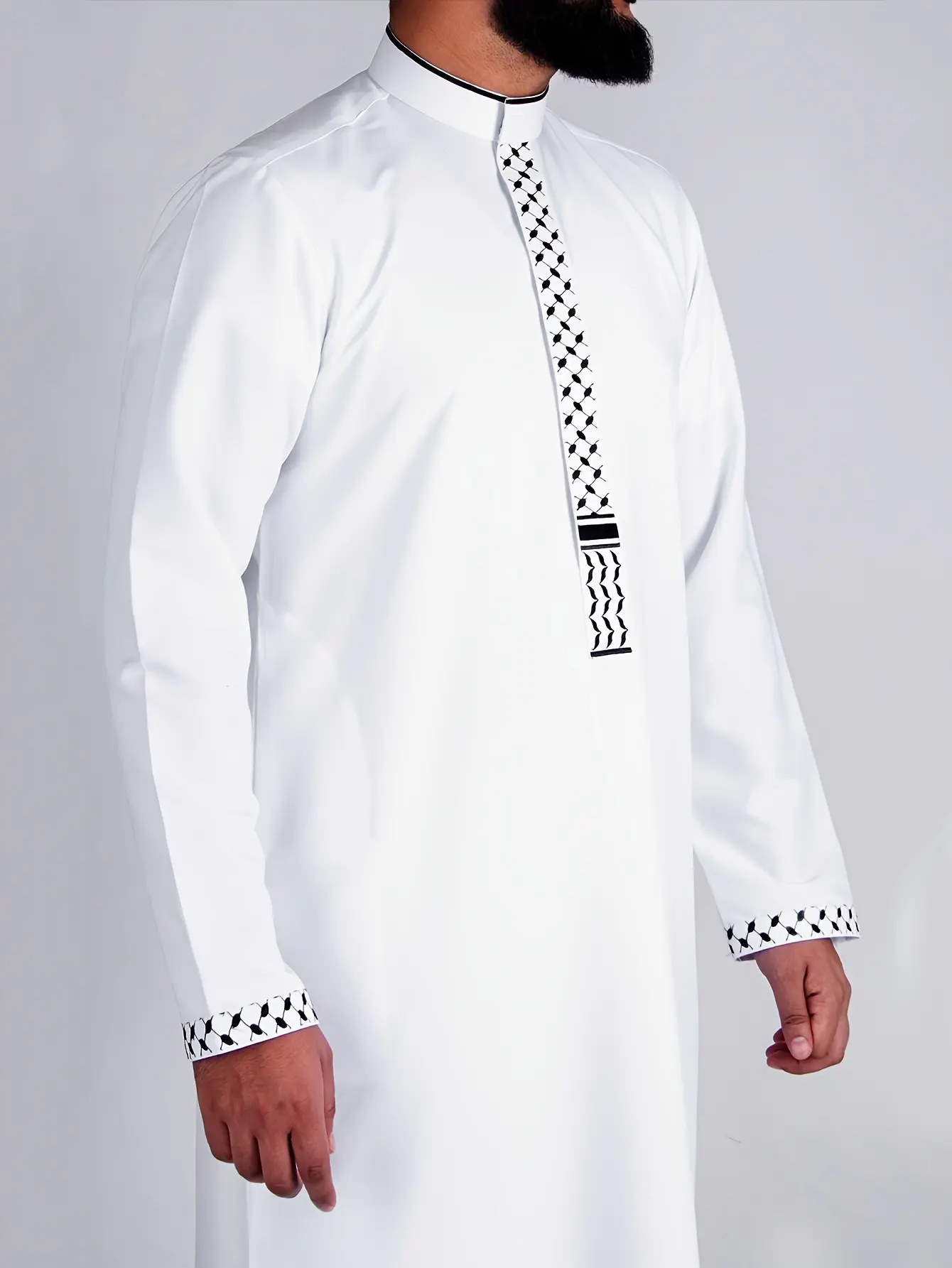 Men's Muslim Thobe, White Long Sleeve Classic Arab Islamic Robe with Embroidered, Middle Eastern Traditional Cultural for Eid Al-Adha & Ramadan