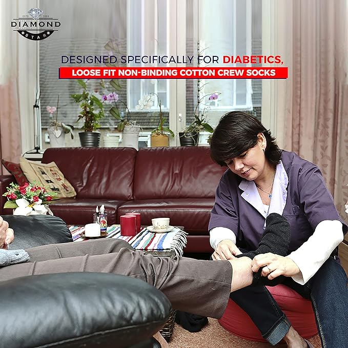 DIAMOND STAR 3-12 Pairs Diabetic Socks, Non-Binding Circulatory Cushion Cotton Crew Diabetic Socks for Men Women Menswear