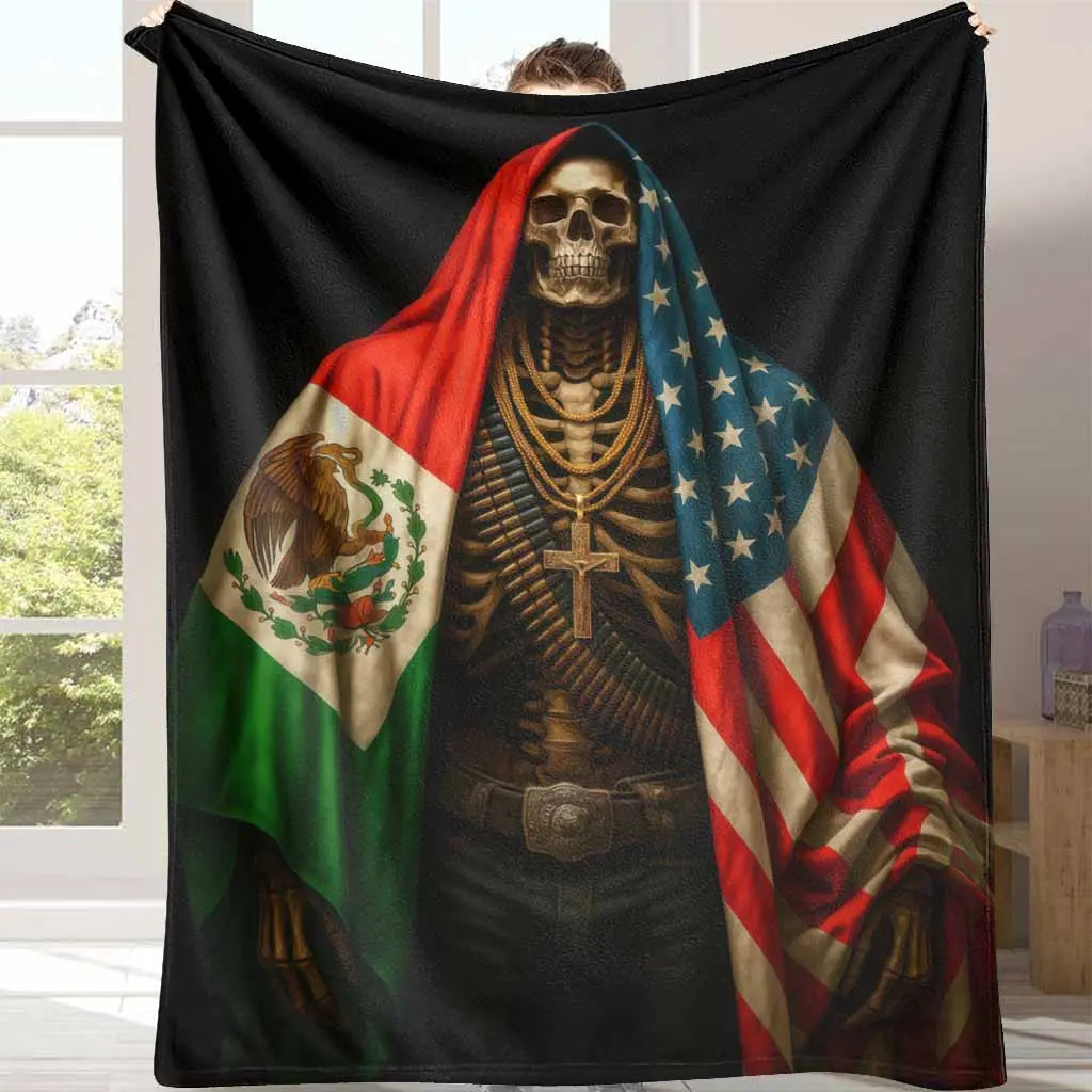 Skeleton Patriotic Print Flannel Blanket with USA-Mexico Flag, Wrinkle Resistant, Stain Resistant, Soft, Cozy, Lightweight, Breathable, Durable, Anti-Pilling, Machine Washable, Multi-Size for Adults, Ideal for Holiday, Home & Travel