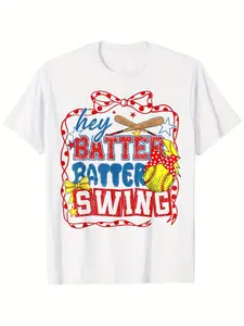 Women's "Hey Batter Batter Swing" Baseball Mom Graphic T-Shirt - White Short Sleeve Casual Top with Coquette Bow & Sporty Applique Design, Regular Fit Round Neck Tee for Softball Games & Sports Moms