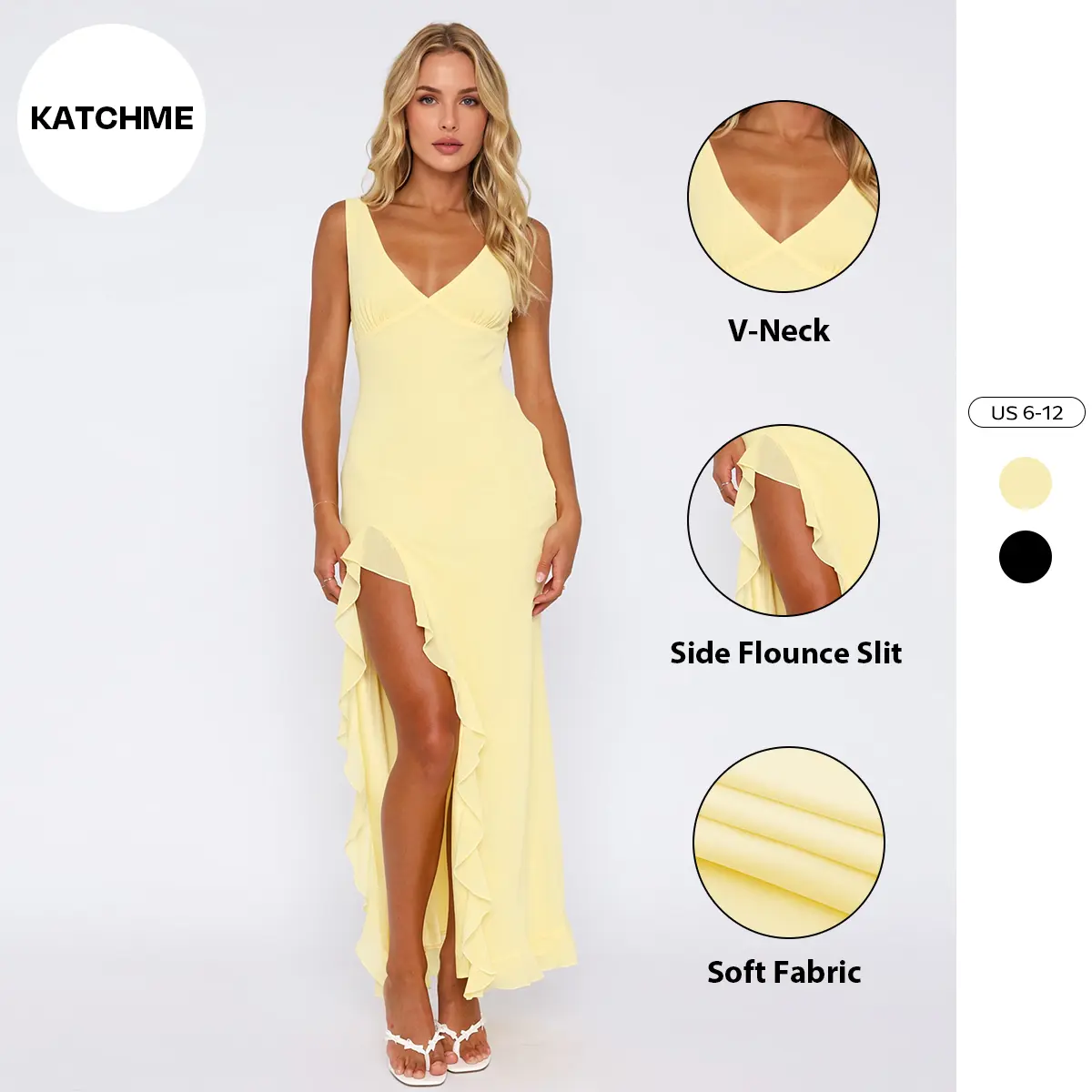 Katch Me Chic Women's Elegant Solid Color V-Neck Side Flounce Slit Maxi Dress, Summer Flattering Holiday Dresses, Versatile Sleeveless Daily Outfit