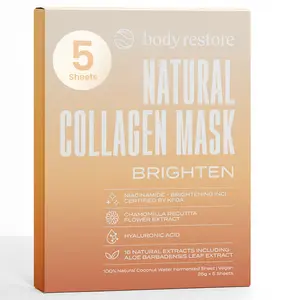 Body Restore Natural Collagen Face Mask 5 Pack – Korean Skin Care Mask with Fermented Coconut Water, Christmas Stocking Stuffers, White Elephant, Birthday Gifts for Women & Men, Dry Skin - Glow