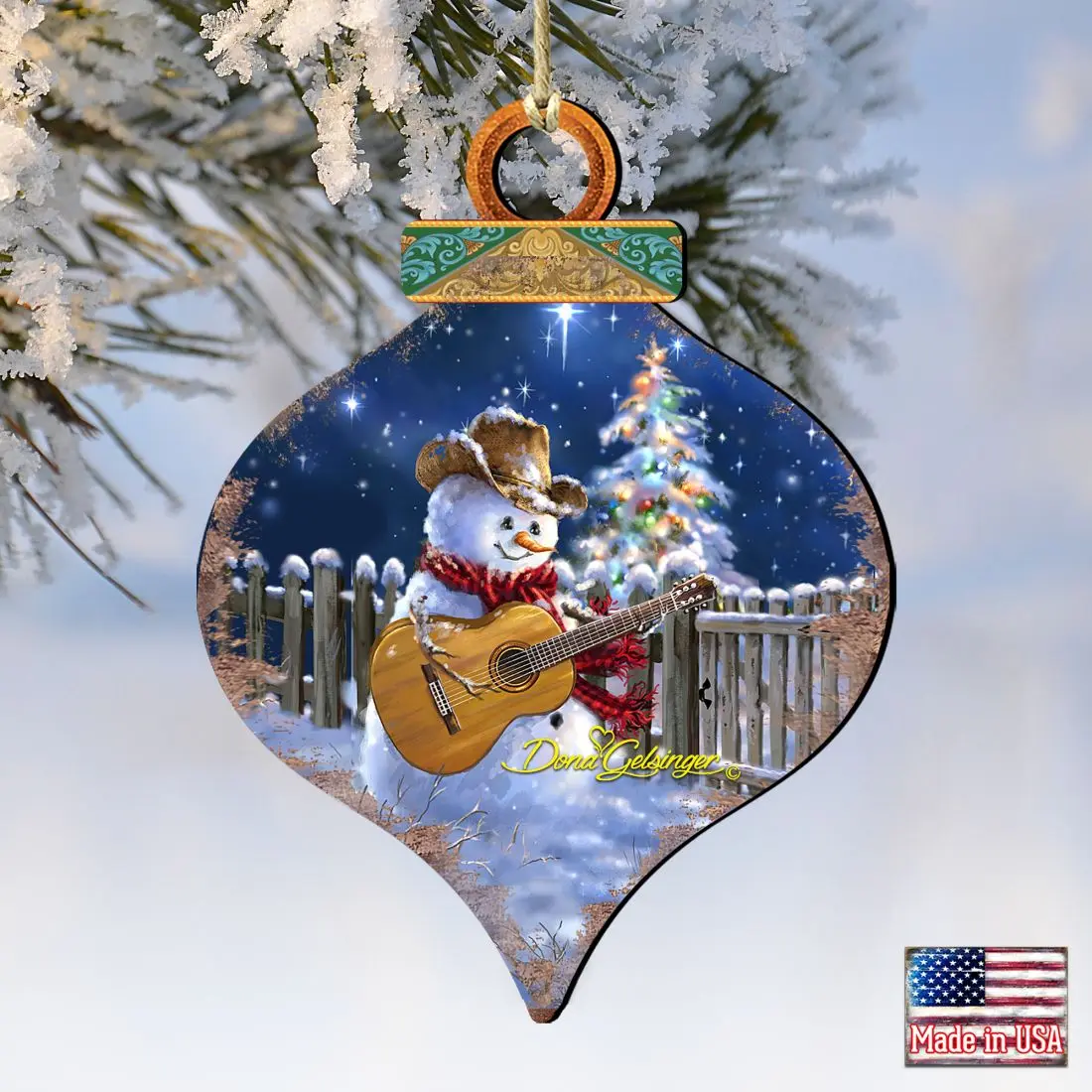 Designocracy Handmade 2-Pack UV-Coated Musical Christmas Guitar Player Wooden Ornaments (5 x 5.5 in.) - Artistic Studios Collectibles, Story Card Included, Indoor Festive Home Decor, Outdoor Safe, Gift Bag Compatible