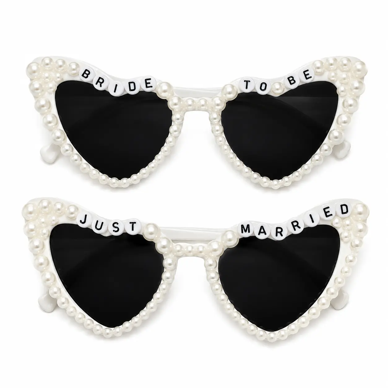 Women's Plastic Polycarbonate Full Rim Heart-Shape Sunglasses - Single Pair Pearl-Accented White Female Wedding Event Eyewear with Dark Tint for Bachelorette Party