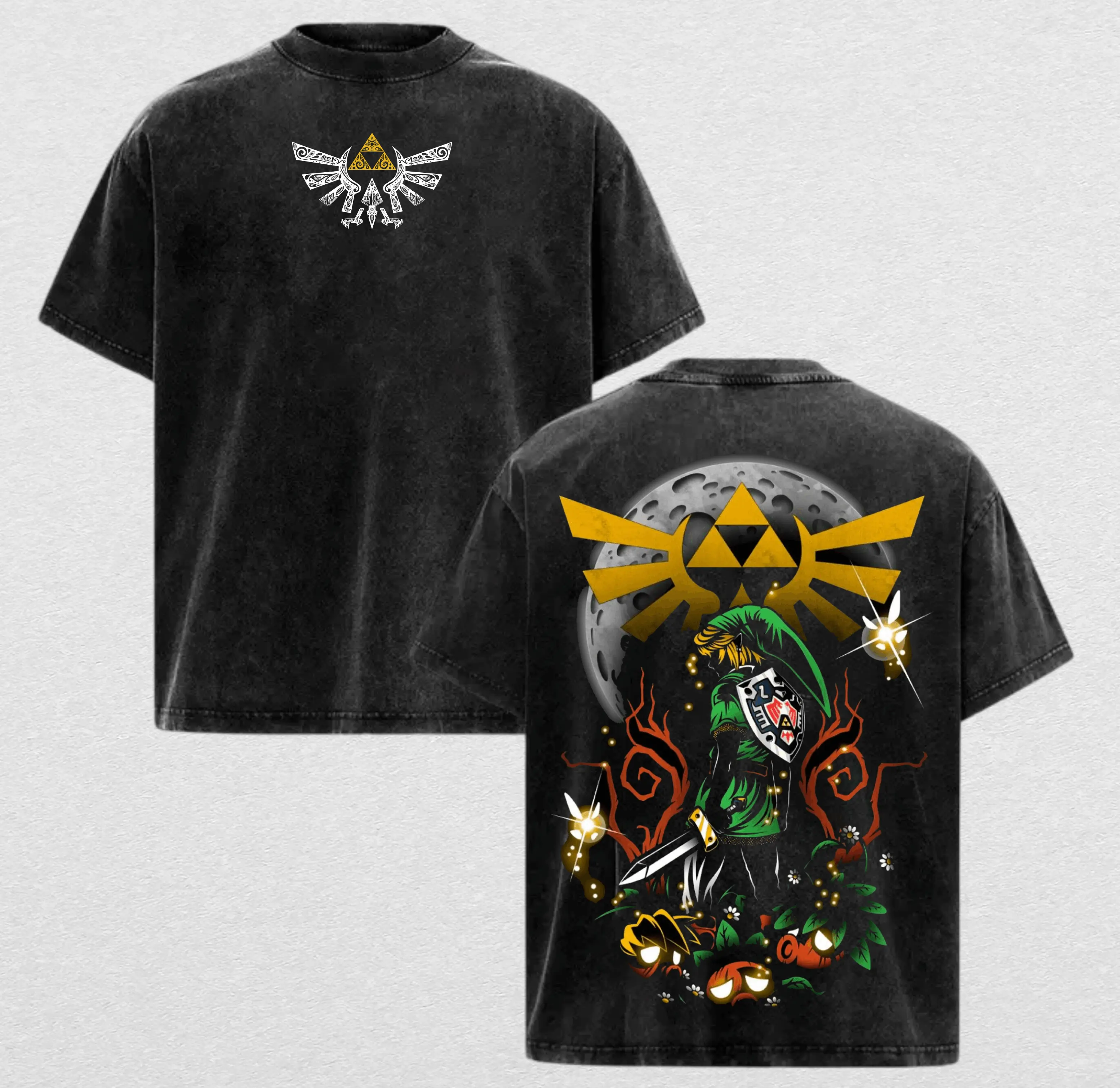 Vintage Acid Wash Legend of Zelda Graphic Tee Heavyweight Combed Cotton Oversized T-Shirt Link Triforce Crest Streetwear Aesthetic Ocarina of Time Gamer Gift