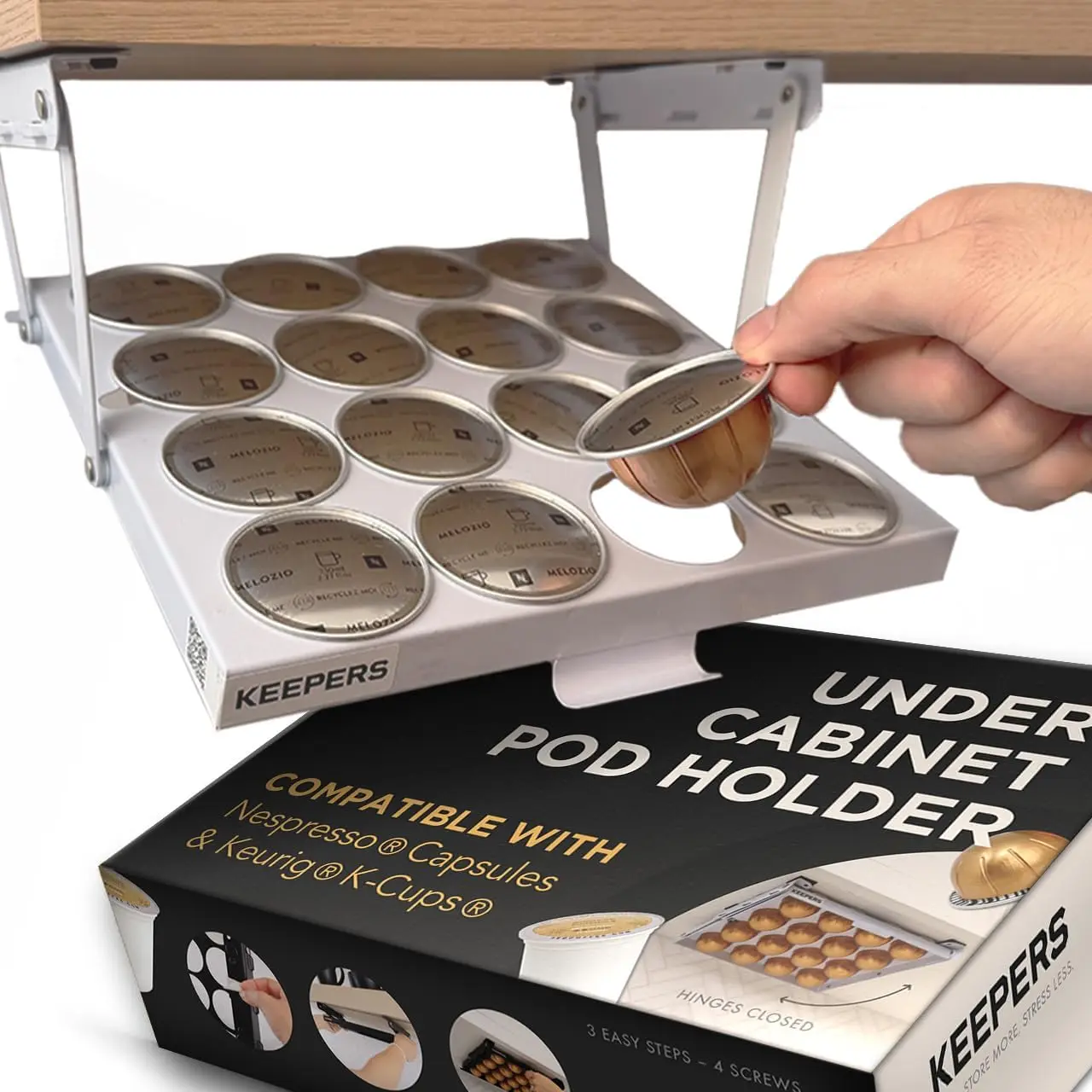 Coffee Keepers Nespresso Vertuo Pod Holder | Under Cabinet Swing Down Coffee Pod Organizer | Keurig Coffee Pod Holder | K Cup Holder Storage Organizer | Magnet Steel RV Office Small Kitchen 10 x 9in WHITE