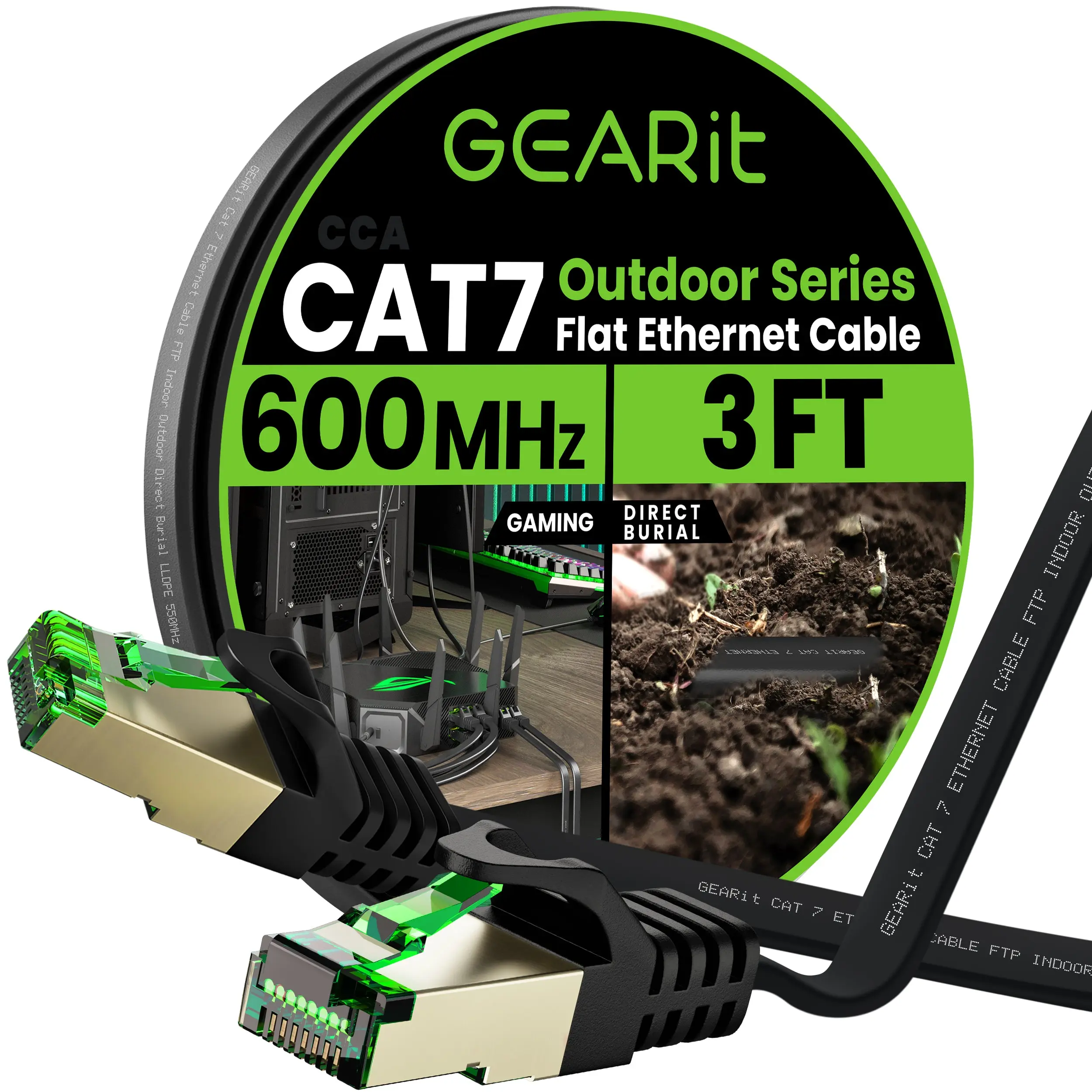 GEARit Cat7 Flat Outdoor Ethernet Cable - Flat Network Cord, OFC Copper (Oxygen-Free Cu) for Clean Signal, High-Speed for HD Streaming, Gamer Stuff