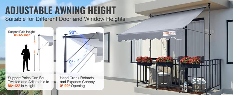 VEVOR Manual Retractable Awning, TikTokShopBlackFriday, Outdoor Retractable Patio Awning Sunshade Shelter, Adjustable Patio Door Window Awning Canopy with Sun Shade Curtain for Backyard, Garden, Balcony
