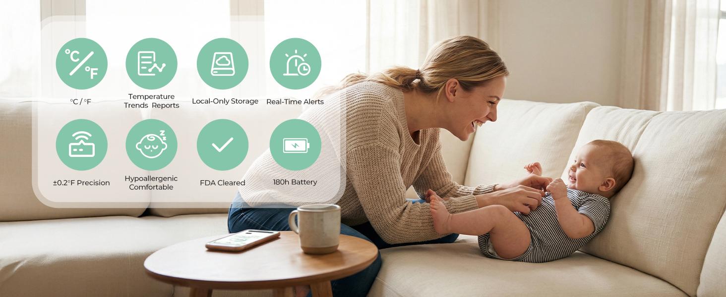 Momcozy Wearable Digital Thermometer for Baby, Medical-Grade Accurate Smart Thermometer, Instant Reads, APP Real-time Monitoring for Infants & Kids, Hypoallergenic 3M Stiker,Bluetooth, 180H Lasting