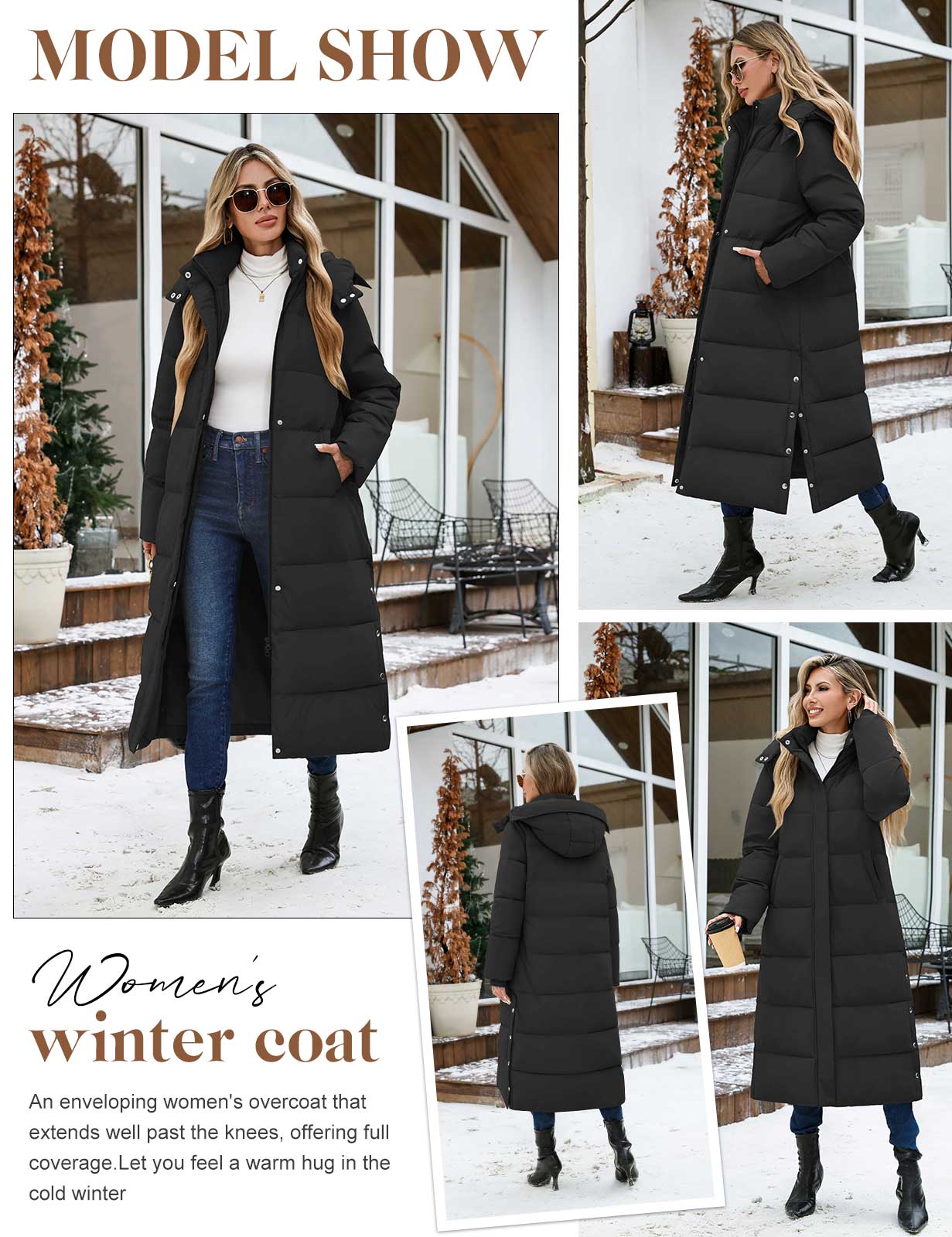 UMIPUBO Winter Women's Long Maxi Down Coat Winter Puffer Jacket Warm Padded Outerwear Faux Fur Removable Hood Parka Full-Zip Black Casual