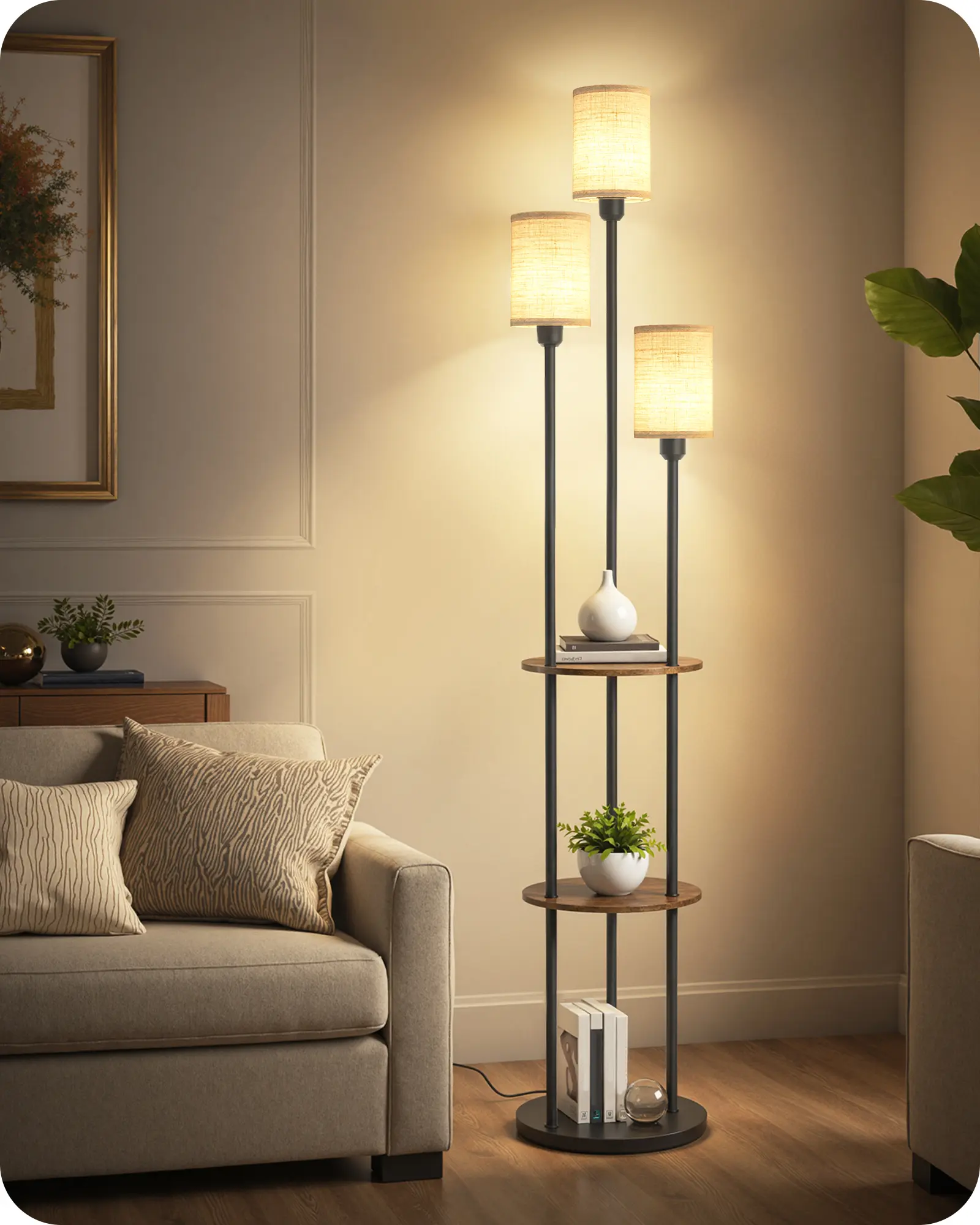 70.9" Floor Lamp with Shelves, Modern Floor Lamp with 3 Linen Shades and Foot Switch, 3-Light Standing Lamp, for Living Room, Bedroom, Study, Office, Rustic Brown and Beige