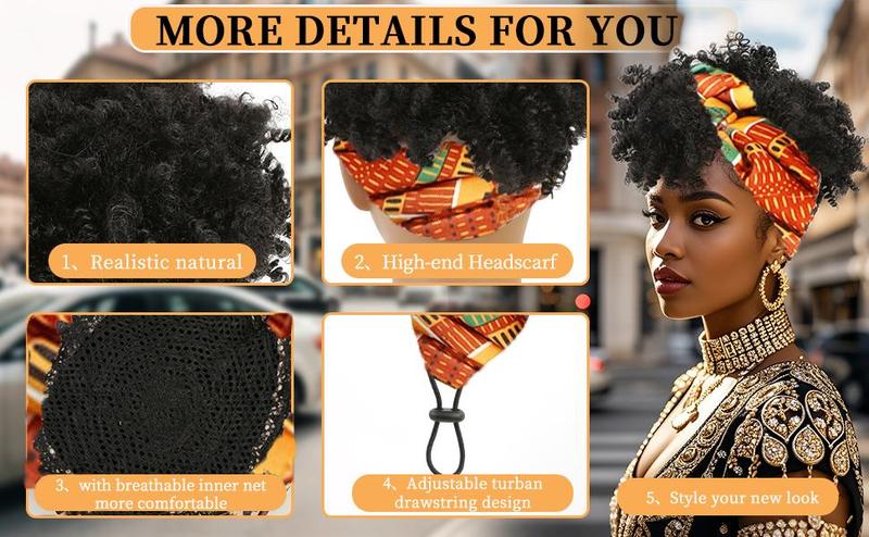 8inch Afro Kinky Curly Headband Wigs with Bangs 2 in 1 Turban Wigs with Headband Attached Premium Heat-Resistant Fibers for Women wrap strap