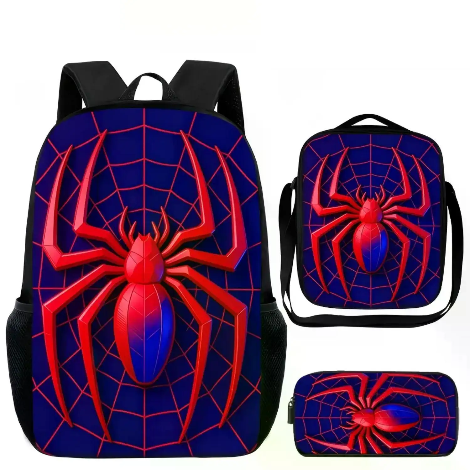 3-Piece Spider Web Graphic Backpack Set for Kids and Teens: Geometric Red School Bag, Matching Lunch Bag & Pencil Case – Navy Comic Travel Daypack – Ideal Back-to-School Gift for Spider Fans