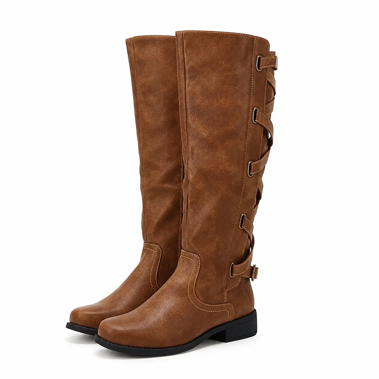 Coutgo Womens Strappy Motorcycle Knee High Boots Winter Lace Up Riding Flat Low Heel Shoes western cowgirl boot tiktokshopbacktoschool