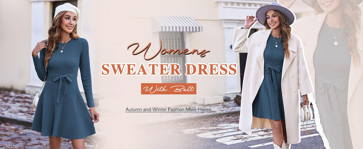 Women's Long Sleeve Dress Crewneck Pullover Sweaters A-Line Casual Swing Dress Bodycon Dress with Belt Thick Suitable for Fall and Winter Women's Long Sleeve Dress Crewneck Pullover Sweaters A-Line Casual Swing Dress Bodycon Dress with Belt Thick Suitable for Fall and Winter